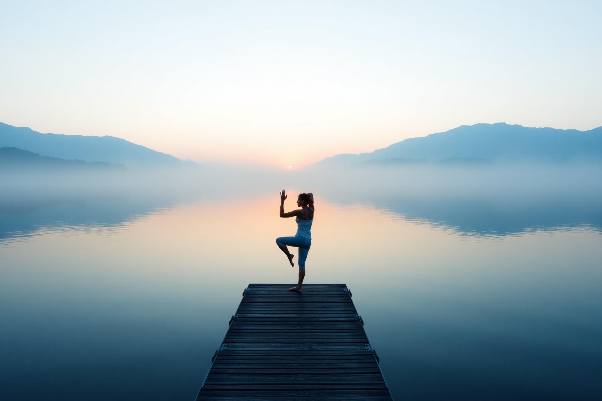 Person practicing yoga at sunrise on a misty lake
